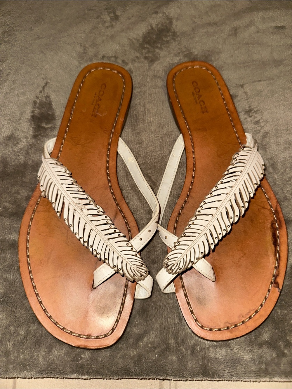 COACH White Feather-Trim Leather Thong Sandals